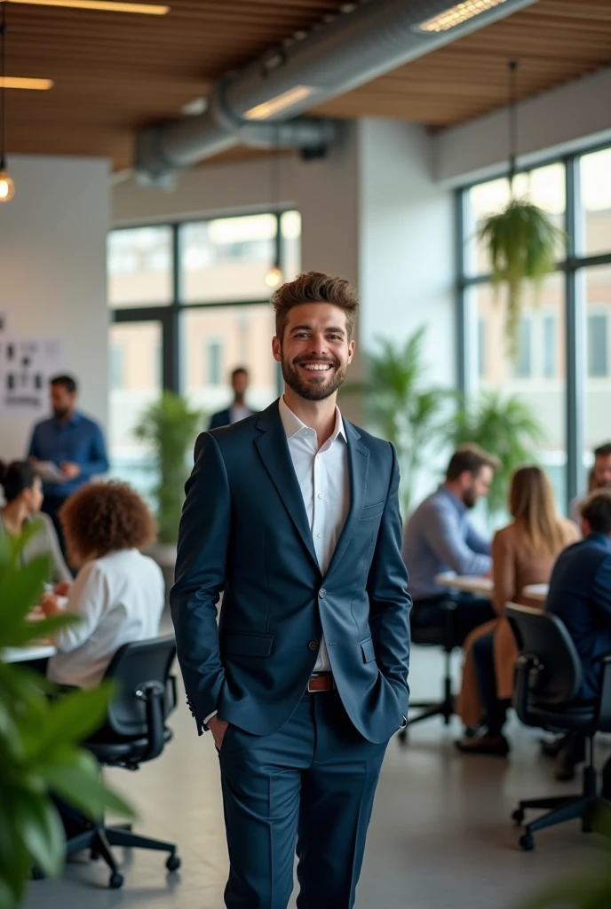 Draw a young entrepreneur,There are many clients in the office,The entrepreneur looks happy