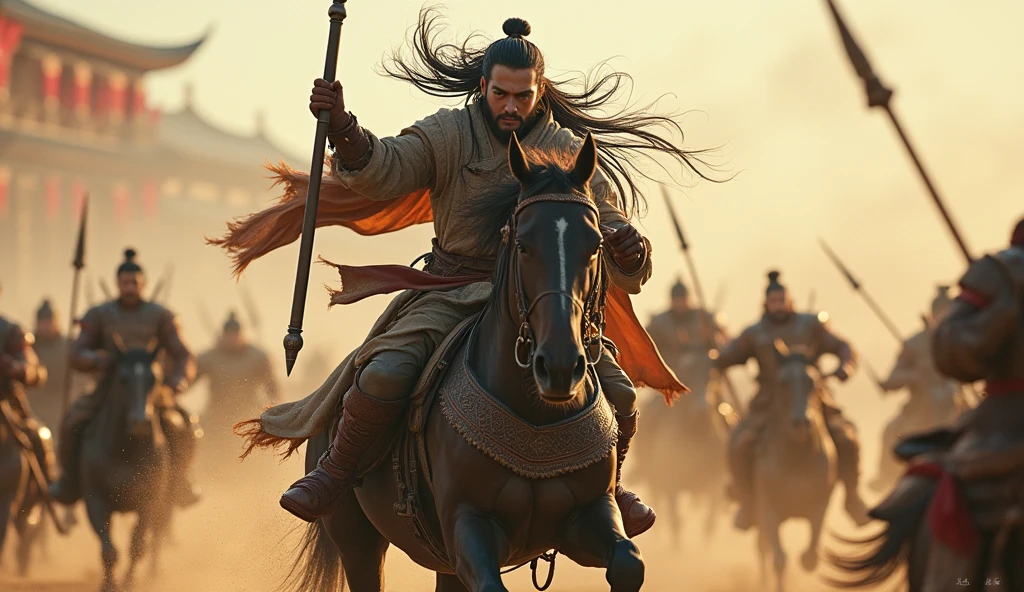 Photorealistic CG graphics,Movie Lenses,Describing the Three Kingdoms period,The Chinese war god Lü Bu rides a horse.,The clothes on the upper body are tattered and worn.,Long hair spread out,His face was covered in blood,Holding a spear in the left hand,Holding the reins with the right hand,Expression identification,Fighting in the crowd
