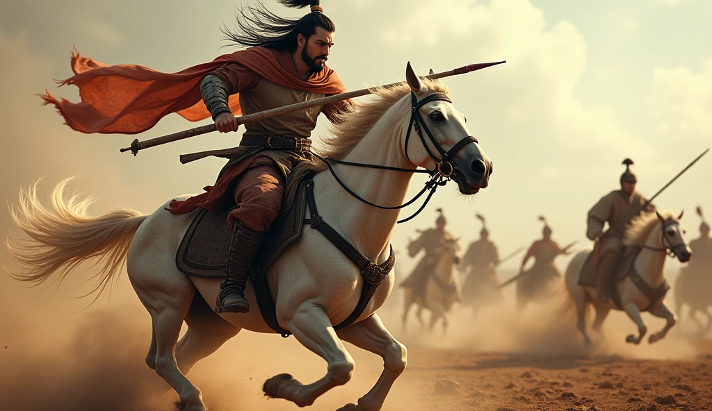 Photorealistic CG graphics,Movie Lenses,Describing the Three Kingdoms period,The Chinese war god Lü Bu rides a horse.,The clothes on the upper body are tattered and worn.,Long hair spread out,His face was covered in blood,Holding a spear in the left hand,Holding the reins with the right hand,Expression identification,Fighting in the crowd