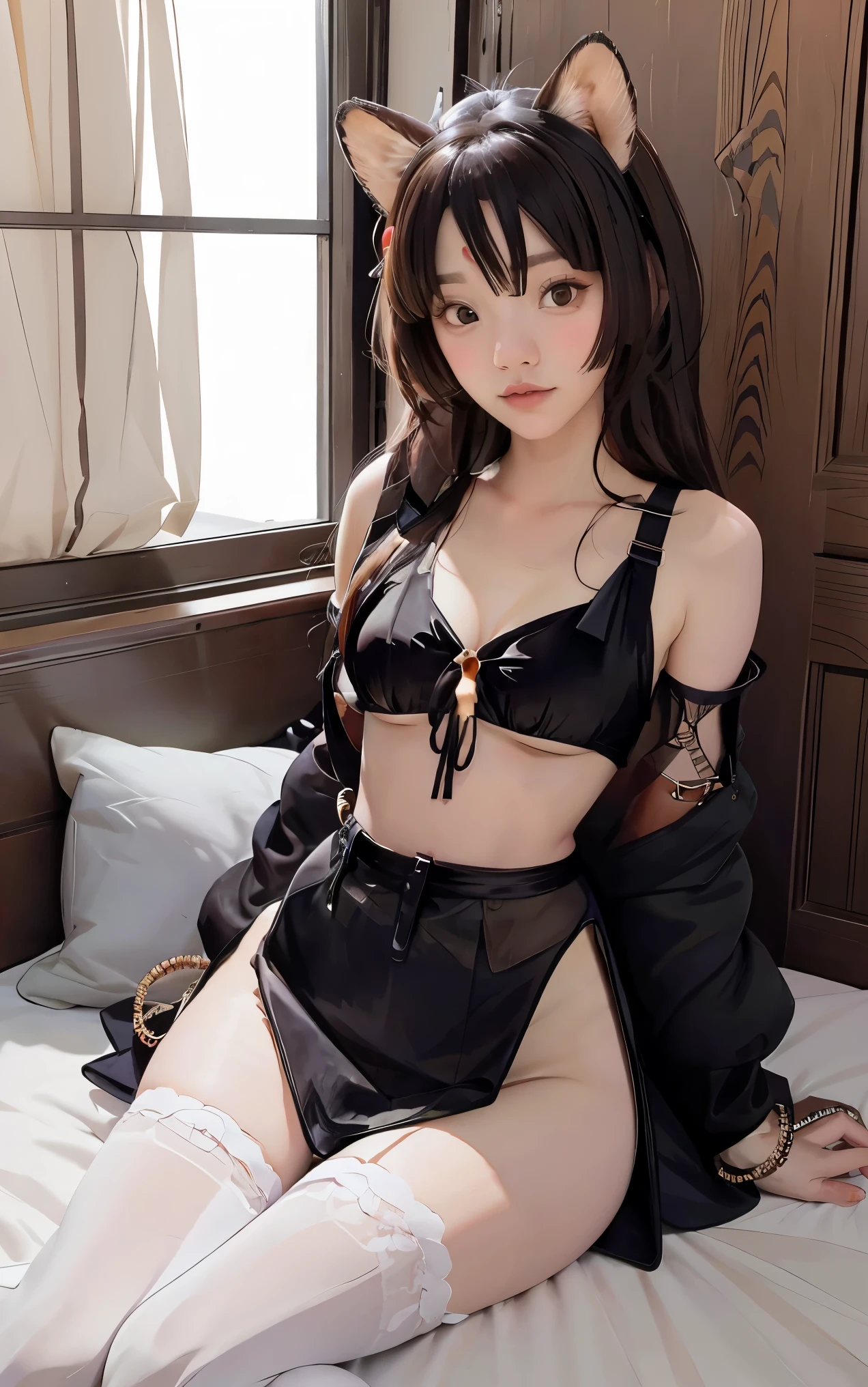 Dog ears, cropped shoulders,White knee-length stockings，Superskirt，perfect body figure，wearing only his underwear，Cute lingerie，medium boob