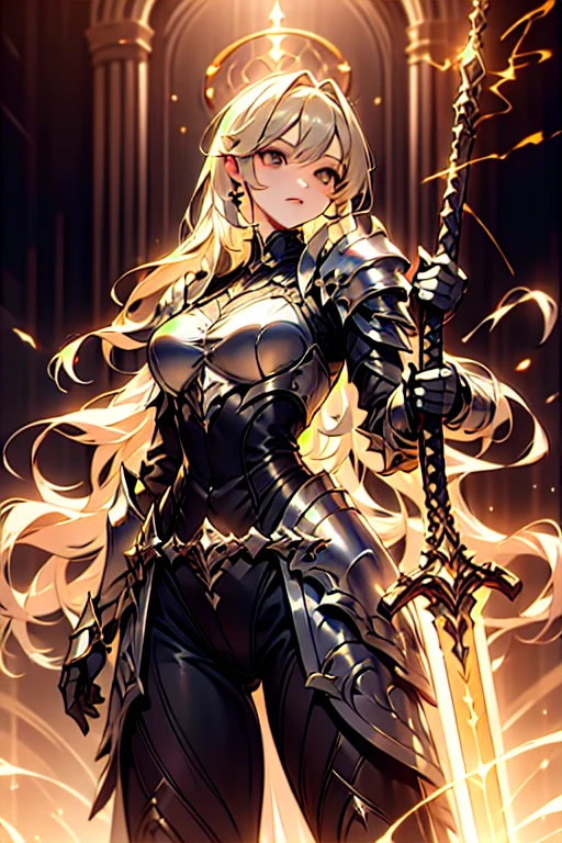 super realistic image, high quality uhd 8K, of (1 god girl, Hilyn), detailed realistic ((athletic body, high detailed)), ((tall model)), (skinny waist), ((beautiful bright blonde long hair)), ((no beard)), high detailed realistic skin, (((powerful and fantastic full armor, divine golden fantasy armor))), (((casting lightning magic spells with great golden fantasy sword))), ((white fur cape)), ((magical hearts of light)), (in guardian position, in the valhalla), real vivid colors, standing
