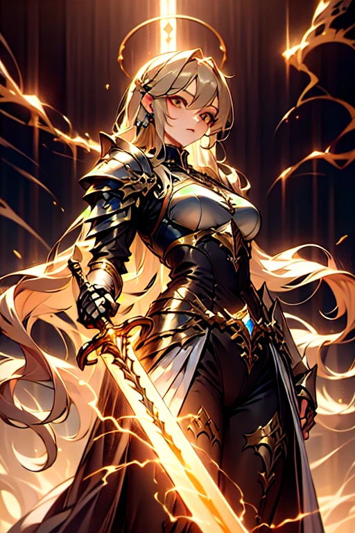 super realistic image, high quality uhd 8K, of (1 god girl, Hilyn), detailed realistic ((athletic body, high detailed)), ((tall model)), (skinny waist), ((beautiful bright blonde long hair)), ((no beard)), high detailed realistic skin, (((powerful and fantastic full armor, divine golden fantasy armor))), (((casting lightning magic spells with great golden fantasy sword))), ((white fur cape)), ((magical hearts of light)), (in guardian position, in the valhalla), real vivid colors, standing
