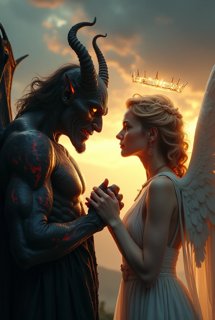 (photorealism:1.2), the demon and the angel, holding each other's hand and staring at each other
