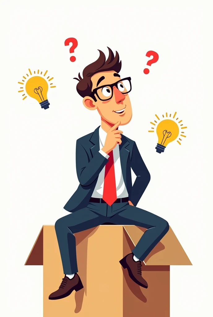 A cartoon business man sitting on a box thinking with white background png