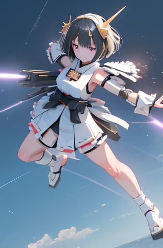 (highest quality)), ((masterpiece)), (Very detailed: 1.3), 3d, {(Young girl)}, Wearing a white frilly Gothic Lolita outfit, (She is fused with a Gundam mecha from the future....), With headgear, With V-fin , Armored Shoulders,Armament, Armor at the feet, Multi-layer texture perfect ratio, Octane Rendering, Duotone Lighting, Low ISO, wide aperture, White balance, Three-part method, Ultra HD 16k, High resolution (High Dynamic Range), Ray Tracing, NVIDIA, Super Resolution, Scattered beneath the surface of the water, PBR Texturing, Post-processing, Anisotropic Filtering, Written boundary depth, Maximum clarity and sharpness, Highly efficient subpixels, subpixel convolution, Particles of light, Scattered Light, Tyndall effect, whole body:1.5, Combat pose, cute, (cute:1.2), (Bobcut:1.3),Braiding, Black Hair, Thick eyebrows, Pale-colored iris, big, Bright black eyes, Long eyelashes, small, Bright colors, Natural lips, (The average face of a Japanese idol), (Japanese baby face:1.3), (Baby Face), Wide forehead:1.2, Plump Cheeks, small jaw, Visible side boob, (Has a huge weapon:1.5), fly in the sky、((((Flying high in the sky)))),View your audience,Focus on the eyes , (Four perfect fingers, One thumb),