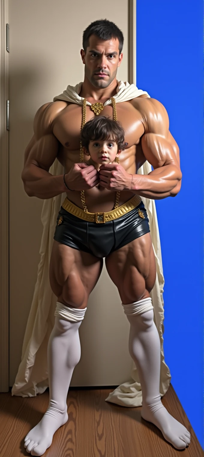 He has enormous muscles, muscles so big they make his head look small compared to his body. The muscles of his shoulders are so big and inflated that they seem to surround his head and make it look small. His legs are more muscular and enormous, They are twice as long as those of a normal body, and these are three times larger and more muscular., His thighs look especially more developed and inflated with muscles which he wears a pair of extra-long white Nike football stockings that he wears stretched up to his knees and white Nike Air Max 97s.. The stockings should be very long and should be super stretched so that all the muscles in the god's legs vibrate.. He has short hair and white eyes He is standing with his legs together and striking a double bicep pose. The white stockings must be super stretched to cover the entirety of his leg and thigh muscles. He wears short black leather briefs decorated with gold studs at the waist and a tight, shiny, long-sleeved leather shirt with gold detailing on the collar and sleeves. He wears a long flowing white cloak.. He is levitating above a crowd of people who are super small and whom he crushes with his feet.. The power of God surrounds him in the form of an aura that makes him appear imposing..