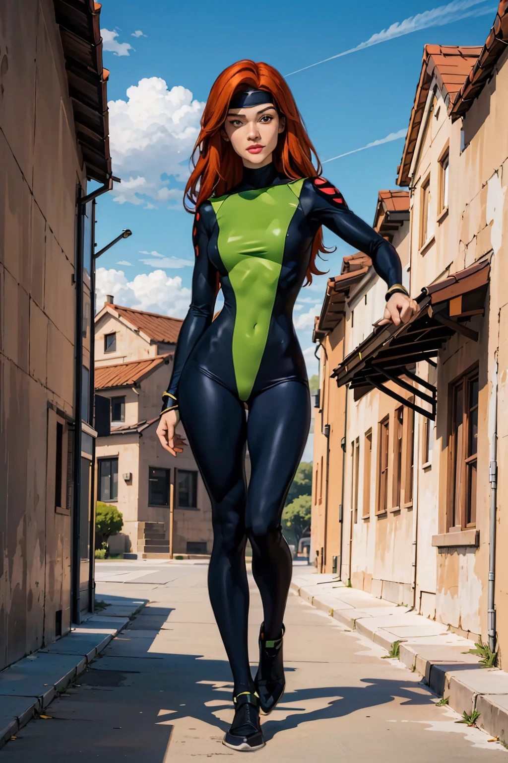 (((full body photo)))  jean grey,long red hair,makeup, green eyes, black headband, green bodysuit,multi colored bodysuit, turtleneck,long sleeves, looking at viewer, serious, smiling, portrait, 
outside, blue sky, extreme detail,masterpiece, beautiful quality, 