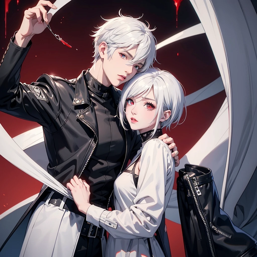 Create in anime style a handsome boy with white hair and a blood cut on his hair and red eyes wearing smart leather jacket and a 17 years beautiful girl looks like yorha 2b with white Short hair and blue colure eyes and they kissing each other