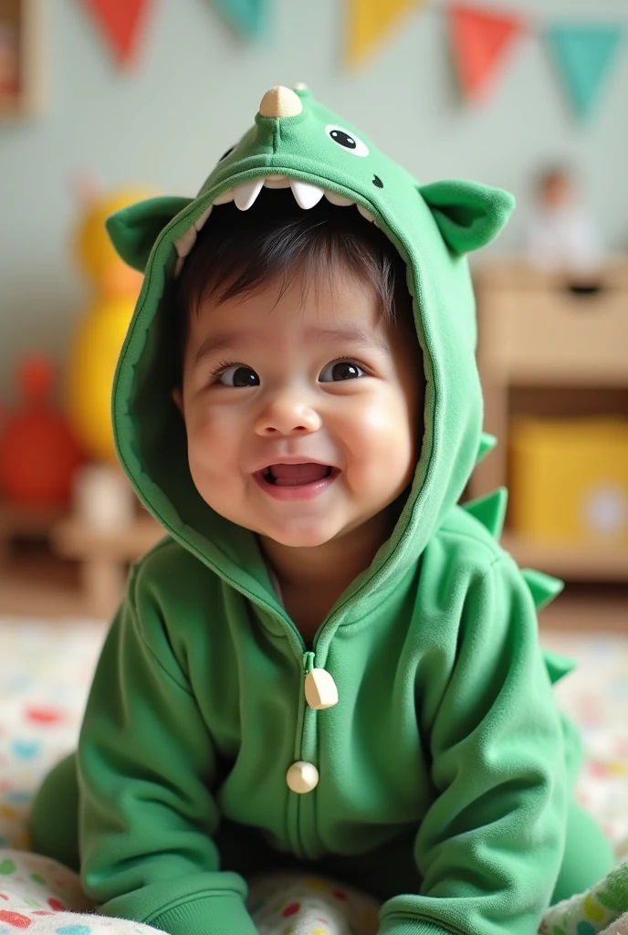 filipino baby boy (1 year old) wearing dinosaur onesie with hoodie. facing the camera,