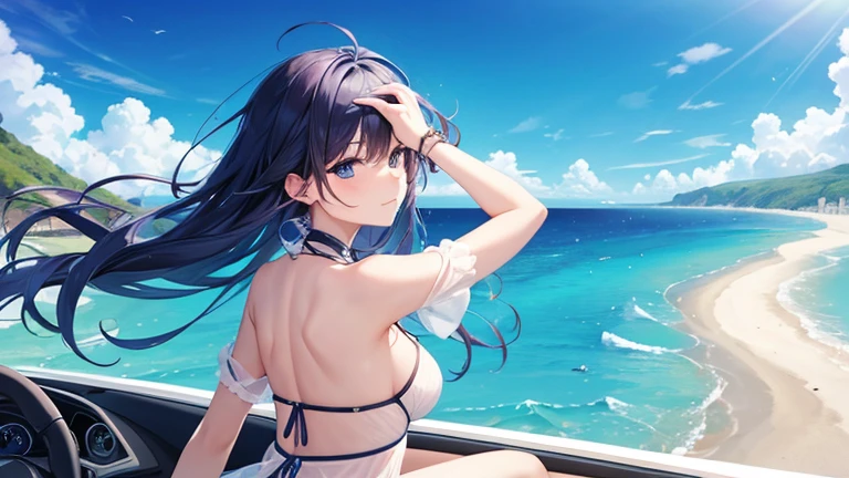 Please draw an illustration of a scantily clad woman driving an open-top car along a road by the sea.。The woman is relaxing with her hair blowing in the wind.、The blue sea and clear sky are in the background.。