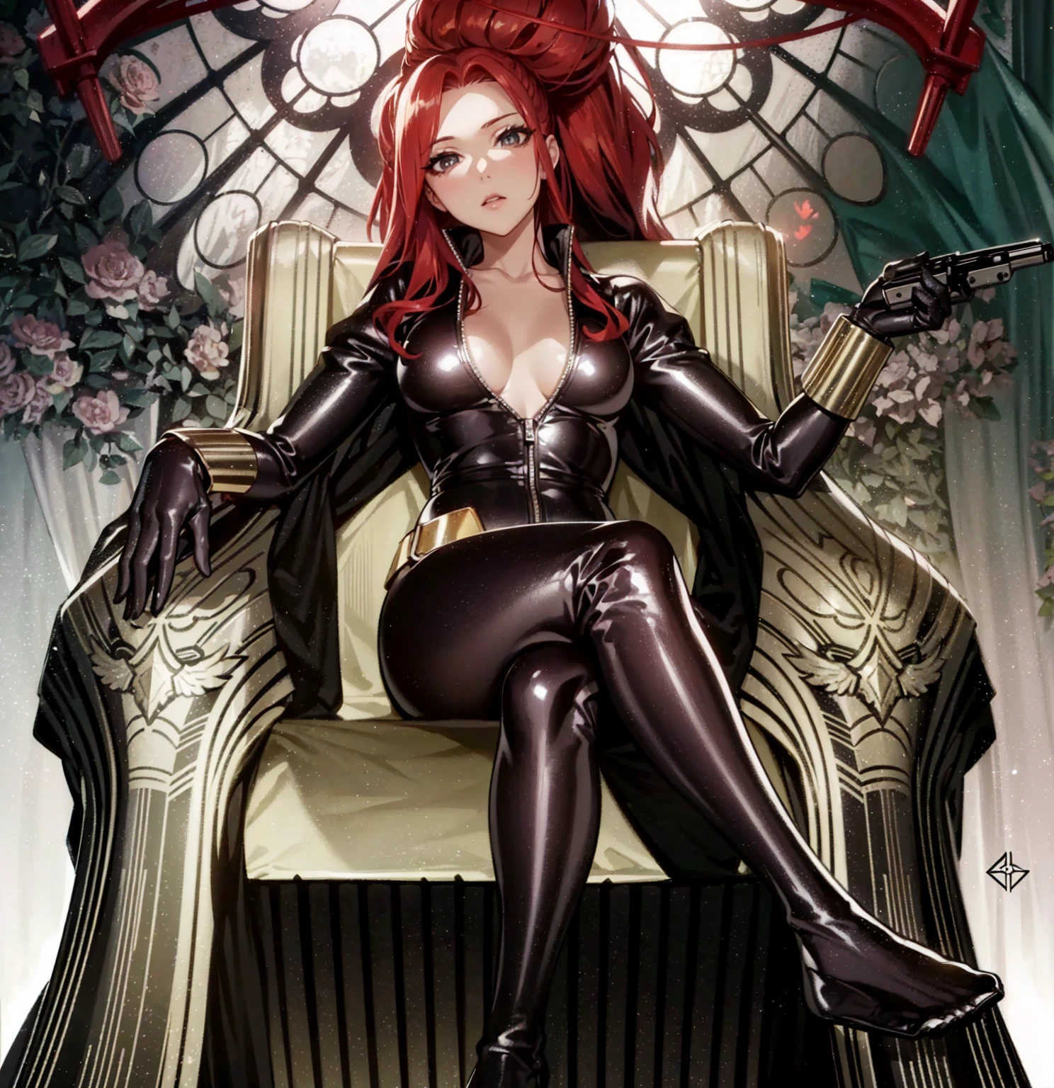 The image depicts a red-haired girl sitting on a throne. She sports a sleek skin-tight shiny black latex bodysuit with a deep-cut zipper neckline revealing a large chest, the silver zipper running down the front. The suit is complemented by her golden wrist guard on both wrists and a belt of shiny golden circles around her waist. The girl is portrayed as holding a gun in each of her hands, highlighting a sense of power and assertiveness. The backdrop consists of architectural features and the colour palette predominantly includes shades of gray.