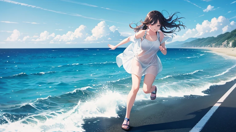 A lightly dressed woman rides in an open car、Please draw an illustration of someone running along a road by the sea.。The woman's expression is cheerful、In the background you can see the white sand beach and the crashing waves of the ocean.。Expresses a scene that captures a refreshing summer moment.。