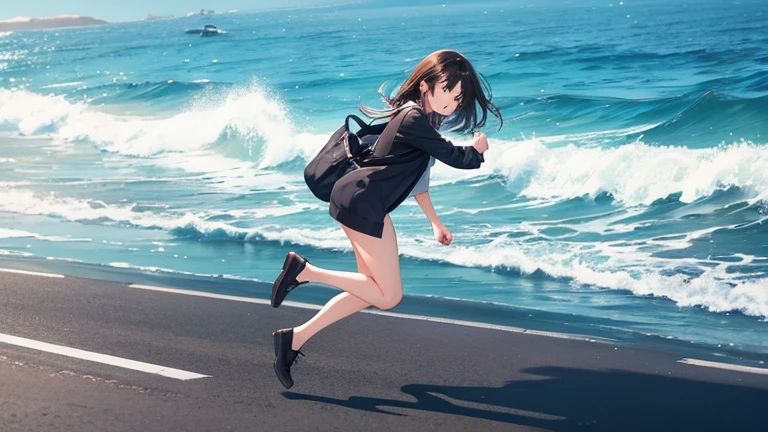A lightly dressed woman rides in an open car、Please draw an illustration of someone running along a road by the sea.。The woman's expression is cheerful、In the background you can see the white sand beach and the crashing waves of the ocean.。Expresses a scene that captures a refreshing summer moment.。