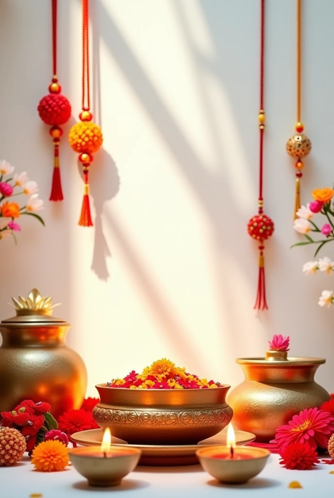 Rakshabandhan wishes with white background having rakhis and Puja set