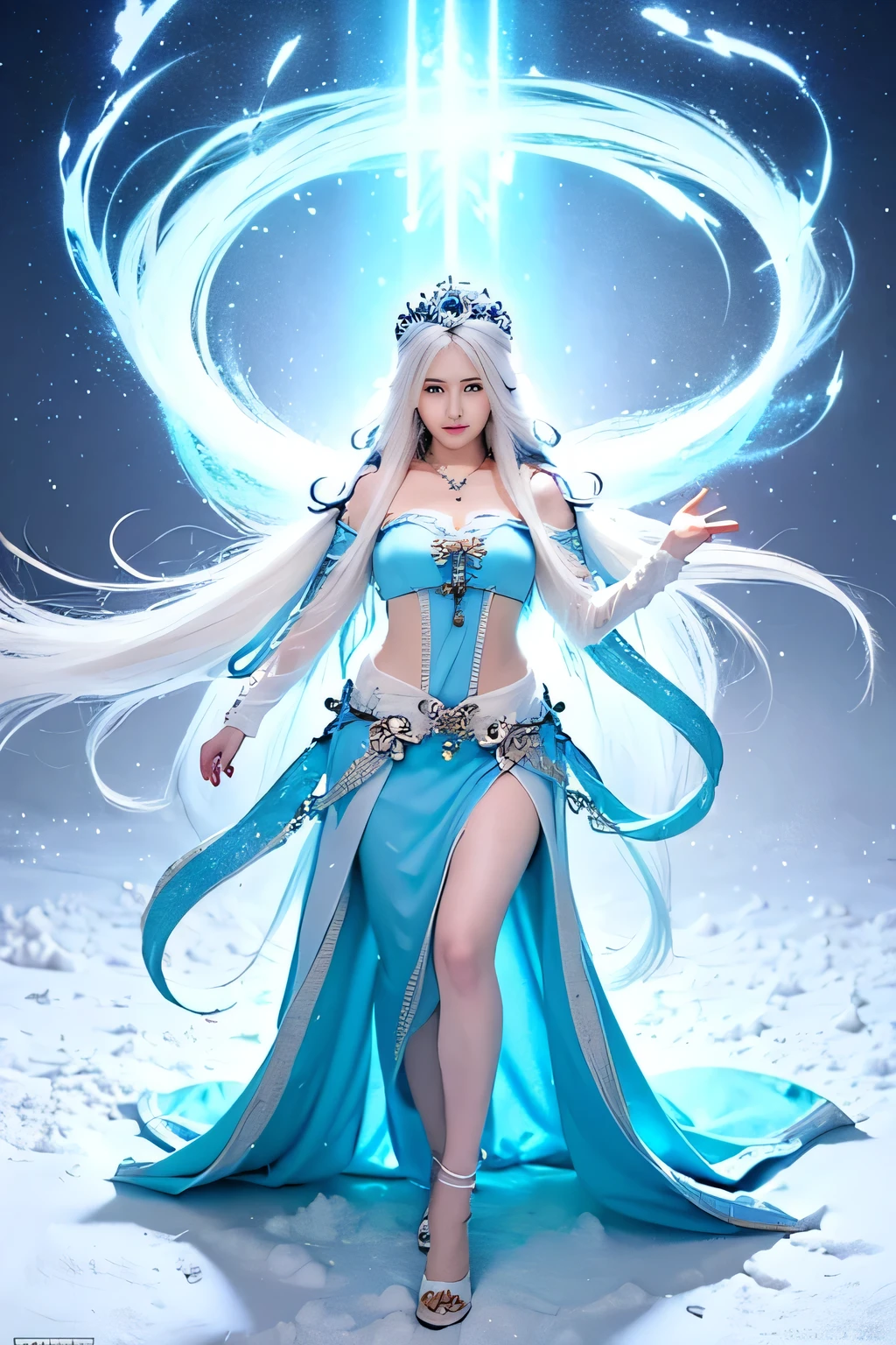 anime girl with long white hair and a blue dress in the snow, white haired deity, white hair floating in air, anime fantasy illustration, flowing white hair, beautiful young wind spirit, beautiful fantasy anime, glowing flowing hair, ethereal anime, beautiful anime artwork, beautiful digital artwork, anime fantasy artwork, ((a beautiful fantasy empress)), 2. 5 d cgi anime fantasy artwork