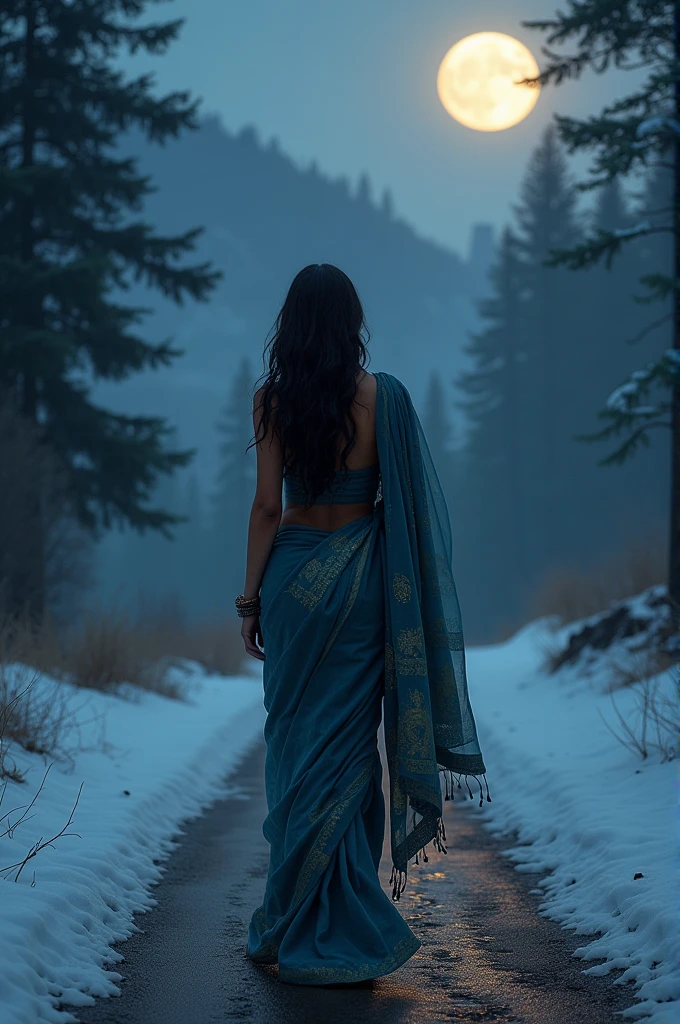 Beautiful indian woman posing, straight photoshoot pose, full body portrait, moonlit night, night time, winter, walking on forest path, detailed face, cute, big eyes, iconic, photorealistic, mountain temple, detailed background, big breasts, sexy wet thin saree, long wavy hair, no bra, cleavage, symmetric face, masterpiece, 8k, ultra realistic

INFO
