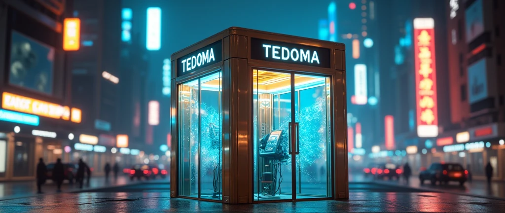 There is a phone booth in a futuristic city, written on the booth: TEDOMA, positioned on the right corner of the image, contrasting colours, rendered in keyshot, futuristic cabins, cabine no estilo TRON LEGACY, lights in blue and golden colors, cabin made of glass, transparent cabins, cyberpunk, Time Machine, represented as a 3D rendering, 3D rendering beep, promotional rendering, sci-fi magic highly detailed.