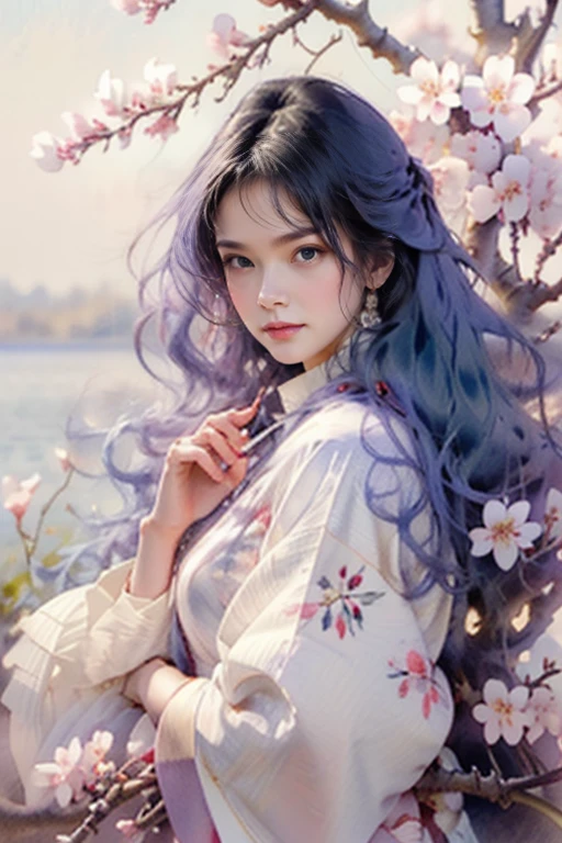High quality 16k,ultra realistic, masterpiece of Japanese painting, watercolor in the style of yuko nagayama, waist-length portrait, in pastel tones, 1 girl, 25years,( perfectly beautiful face, big blue eyes 1. 2, long eyelashes, chic long hair (white1.1,( Dynamic wind hair)),small slightly upturned nose, glossy plump lips (mouth relaxedly ajar)) ,(approaching perfection) /hiding smiling by the blooming cherry tree, (looks at the camera, (looking out leaning on the branch of a blooming cherry tree)) ./ spring, evening, dynamics of cherry blossom petals (Little Wind).
