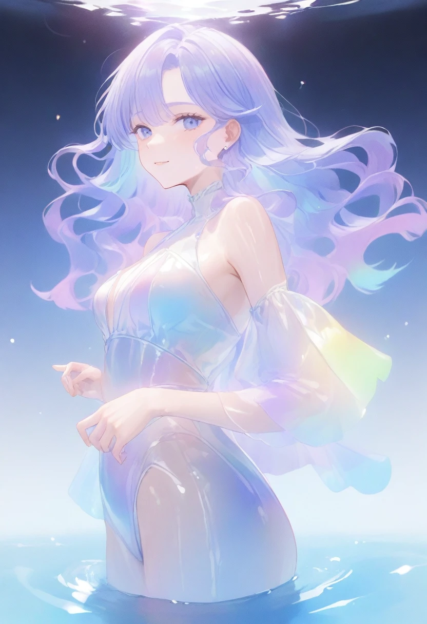 (Super detailed, 8K, best quality, ultra detailed, masterpiece), deep underwater, 
meny bubbles, Paleblue-blue gradient coloed water, nice, bright, Light shines through the water, Beautiful and mysterious teenage girl with a sweet smile, holding thighs and pointing up on one toe, drifting in deep water, The girl is tall and medium bust,sparkling dark blue eyes, Her long rainbow-colored hime-cut hair is flowing, shiny glossy iridescent clothes, shiny reflective clothes, pastel, lens Flare, soft gradient　