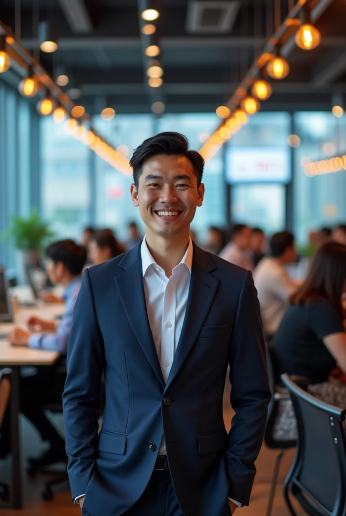 Draw a young Chinese entrepreneur,There are many clients in the office,The entrepreneur looks happy