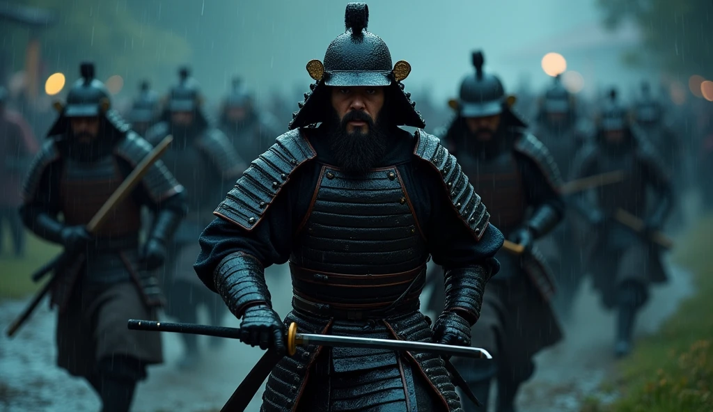 Profile, many samurai, Japanese men samurai , samurai group dash, (35 age-old, little beard, little mustache, serious),A samurai from the Kamakura period, wearing traditional armor and helmet, ((both hands holding a Japanese Katana sword )), night ,rain, ((Anatomically correct,Surrealism, UHD, retina, accurate, anatomically correct, textured skin, super detail, high details, best quality, 8K))