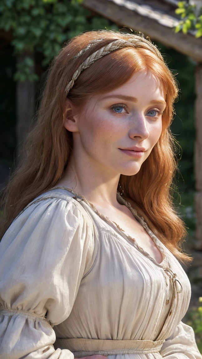 hyper photorealistic, ethereal beauty a cute peasant woman, face identical to Bryce Dallas Howard, small European village, (42 years), (detailed face and eyeull body portrait,  (extremely sexy), Masterpiece, pleasure, massive breasts, Full figured woman, full body, expression enjoyment, idyllic aura, medieval environment, cinematic lighting, rd vibrant straight smooth hair, little smile, fine facial traits, Slim physique, (depth of field), ultra detailed, cinematic