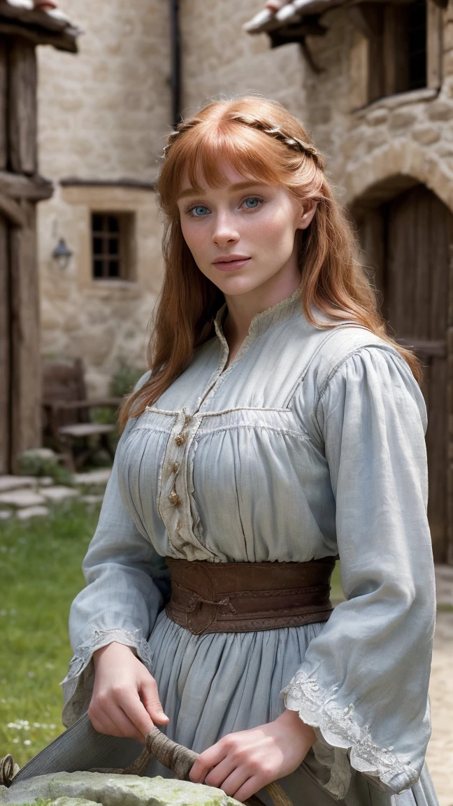 hyper photorealistic, ethereal beauty a cute peasant woman, face identical to Bryce Dallas Howard, small European village, (42 years), (detailed face and eyeull body portrait, (extremely sexy), Masterpiece, pleasure, massive breasts, Full figured woman, full body, expression enjoyment, idyllic aura, medieval environment, cinematic lighting, rd vibrant straight smooth hair, little smile, fine facial traits, Slim physique, (depth of field), ultra detailed, cinematic