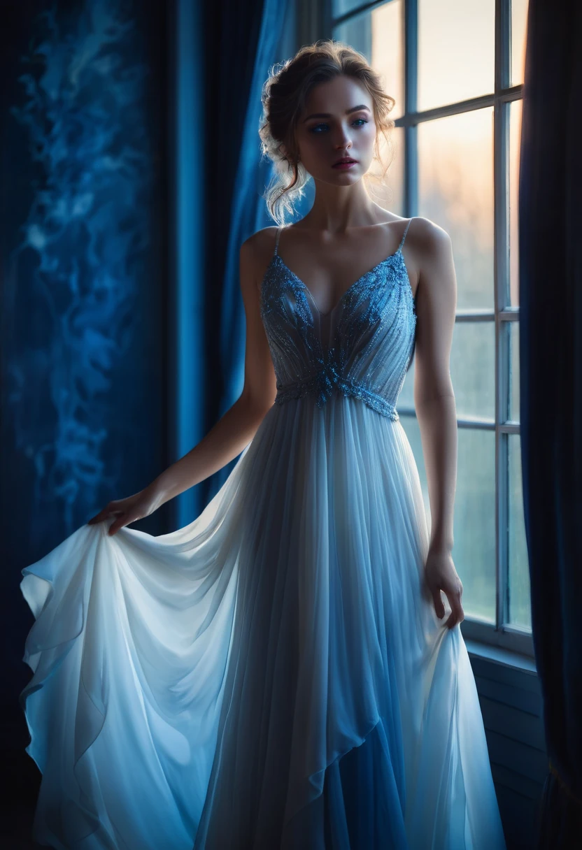closeup shot, woman in a dress standing in front of a window, romanticism, in evening gown, flowing gown, wearing a flowing dress, mysterious woman, haunting beautiful young woman, wearing a white flowing dress, flowing dress, woman in dress, extremely moody blue lighting,