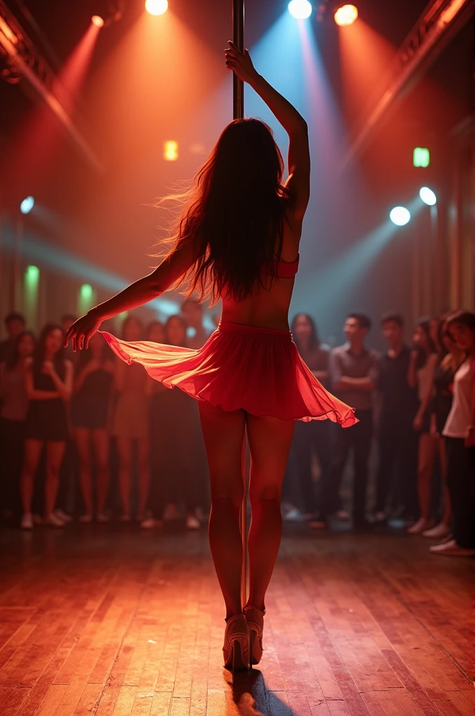 A beautiful Korean girl, wearing a short skirt , pole dance in a performance hall, by the light of the lamp