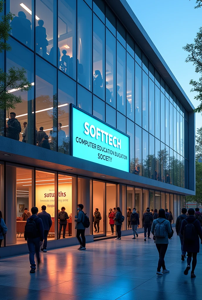 An exterior view of a medium large company building with a visible computer institute inside. Through the windows, students is going and coming with their laptops, and a light board inside displays "SOFTTECH COMPUTER EDUCATION SOCIETY."