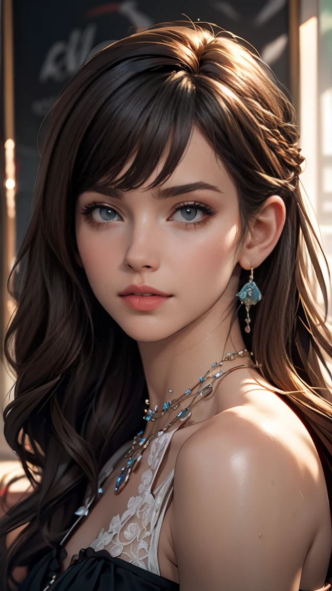 photoRealistic, Lip gloss, Painting, Realistic, highest quality, Ultra-high resolution, depth, pastel colour, Natural Shading, Focus on the face, Face only, View your viewers, Long Hair, hair accessory, Black Hair, Brown, well-detailed eyes, dress