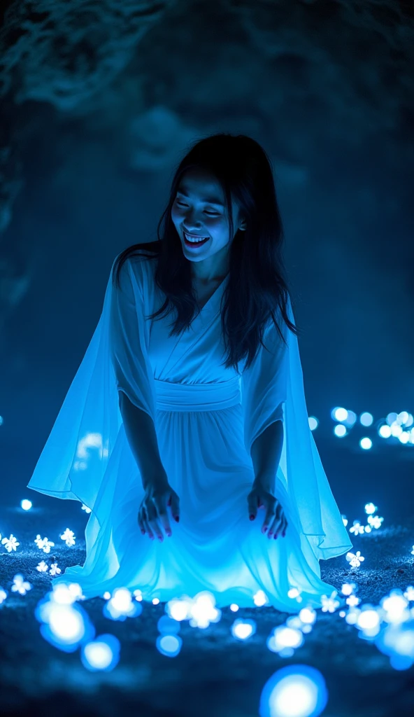 realistic photography, fantasy, a grin beautiful Japanese woman 25yo. Happy moment cute ,girl, sitting on dark cave, wearing white Chiffon fabric thai dress flowing., kneel sit ,creating glowing flowers , glowing blue light, dynamic color, there is flowers glowing light scattered around her, depth of field, dynamic angle, fantasy, fantastic , dynamic dancing movement, gymnastics 