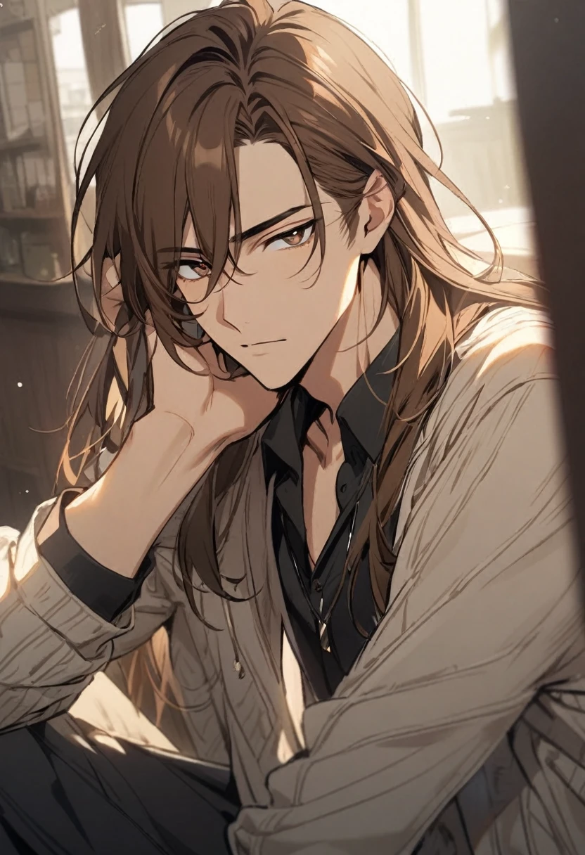 1 boy, handsome, brown hair, long hair, brown eyes