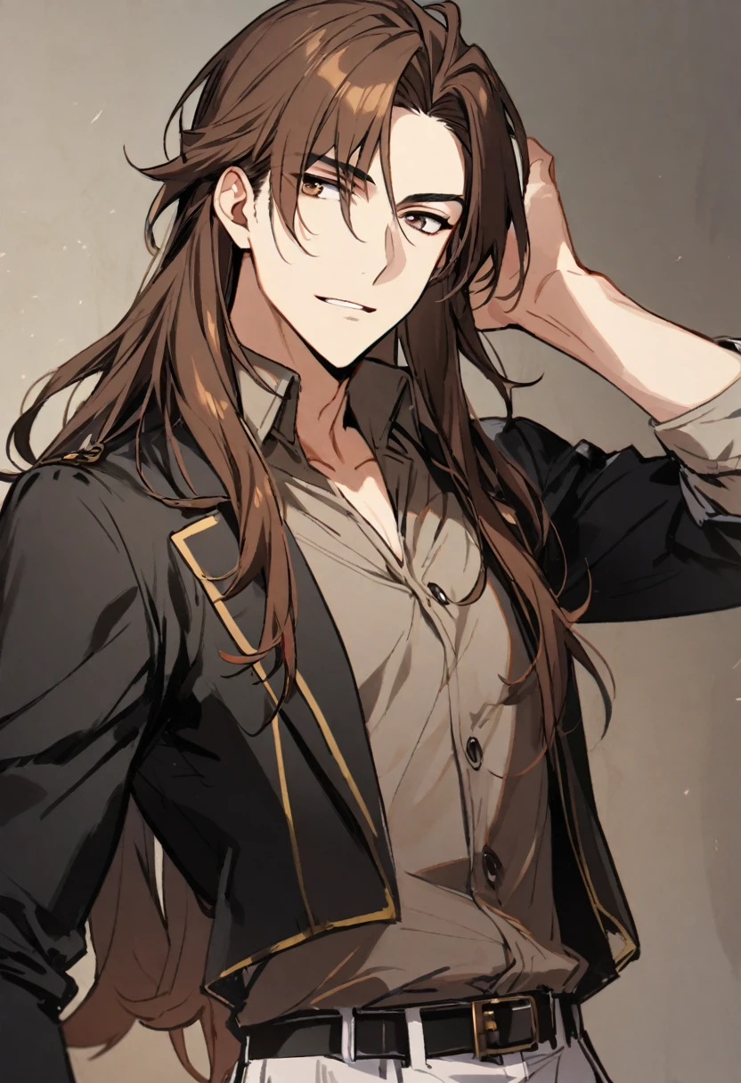 1 boy, handsome, brown hair, long hair, brown eyes