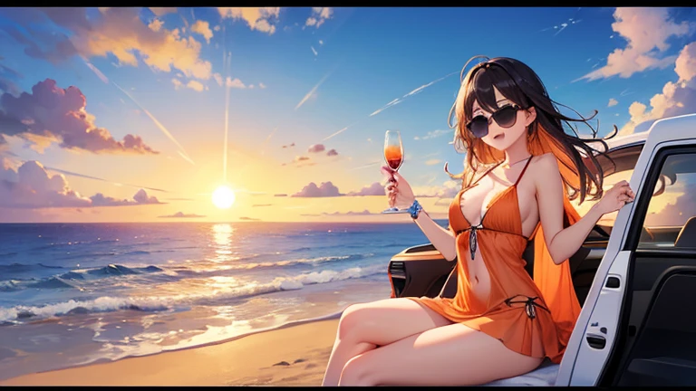 The theme is a scantily clad woman driving an open car along a seaside road.、Please draw a scene of the sun setting.。Woman wearing sunglasses、She is wearing a loose dress、The orange sea and sky spread out in the background.。