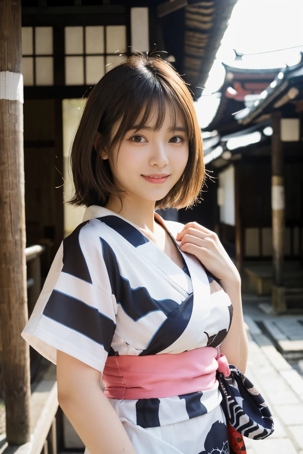 Highest quality、超A high resolution、(Photorealistic:1.5)、1 girl、(Brown Hair:1.2)、(Big Breasts:1.2)、Whole Body Ezbian、smile、Bad Eyes、(Girl in yukata with hair swaying in the wind :1.3)、Perfect dynamic composition, Beautiful attention to detail, Medium Hair, Natural color lip, smile, Kyoto Street Walk、20-year-old girl, Beautiful woman, Japanese patterned yukata