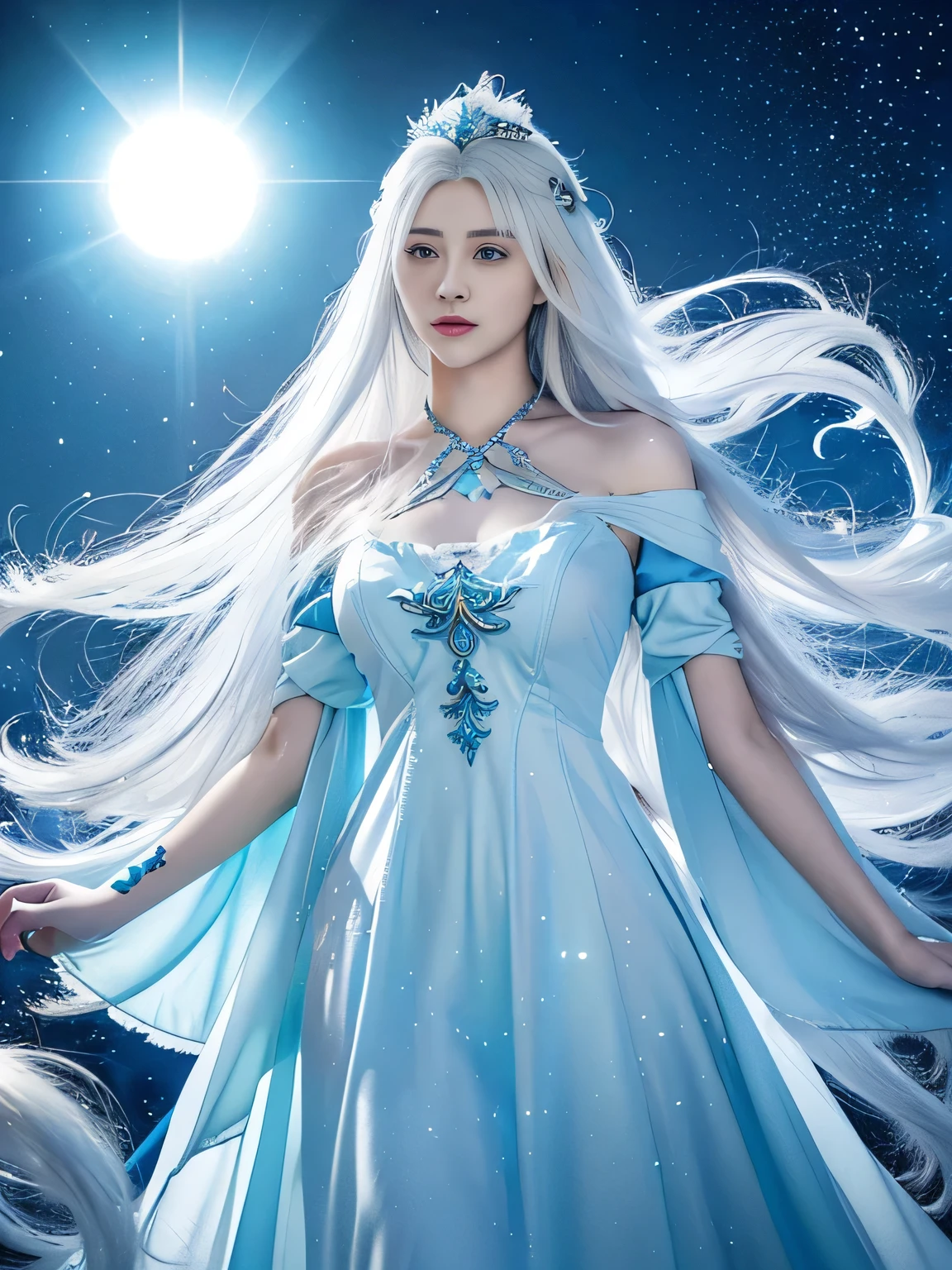 anime girl with long white hair and a blue dress in the snow, white haired deity, white hair floating in air, anime fantasy illustration, flowing white hair, beautiful young wind spirit, beautiful fantasy anime, glowing flowing hair, ethereal anime, beautiful anime artwork, beautiful digital artwork, anime fantasy artwork, ((a beautiful fantasy empress)), 2. 5 d cgi anime fantasy artwork