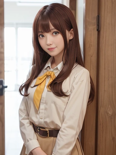 solo,1girl,bocchi the rock!,kita ikuyo,red hair,yellow eyes,one side up,bangs,semi long hair,small breasts,long legs,disheveled hair,standing,cowboy shot,smile,open mouth,neckerchief,red bowtie,beige school uniform,