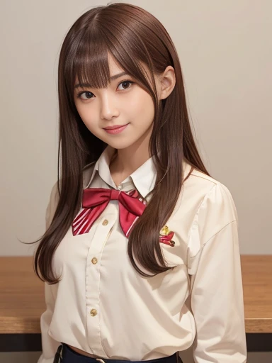 solo,1girl,bocchi the rock!,kita ikuyo,red hair,yellow eyes,one side up,bangs,semi long hair,small breasts,long legs,disheveled hair,standing,cowboy shot,smile,open mouth,neckerchief,red bowtie,beige school uniform,