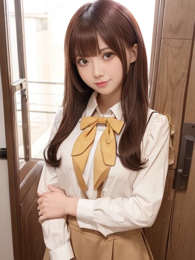 solo,1girl,bocchi the rock!,kita ikuyo,red hair,yellow eyes,one side up,bangs,semi long hair,small breasts,long legs,disheveled hair,standing,cowboy shot,smile,open mouth,neckerchief,red bowtie,beige school uniform,