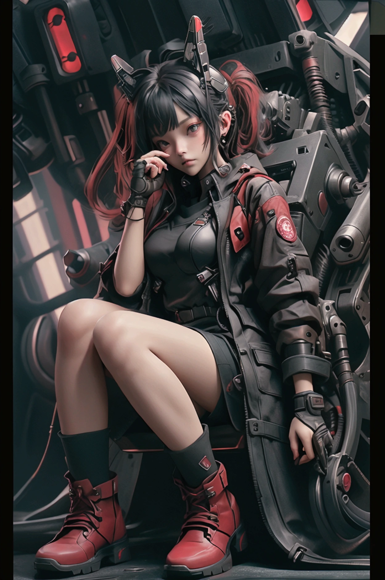 whole body、Top View、whole body、Sitting in the cockpit of a giant mech、Striking a pose with a hand outstretched towards the camera、Half Machine Body、Neck of the machine、Left arm of the machine、、Dark City、Red Neon、Image in black and red shades、Contrast、Black clothes、Large size raincoat、shorts、boots、
