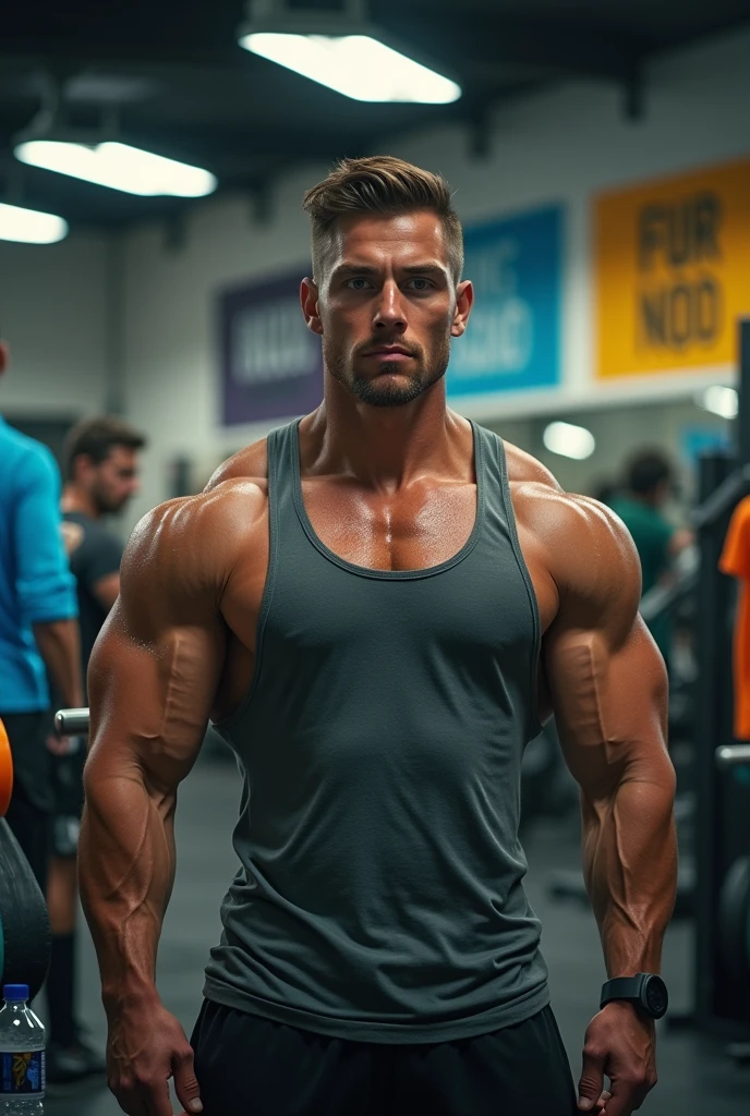 Muscular adult male with short hair wearing gym clothes