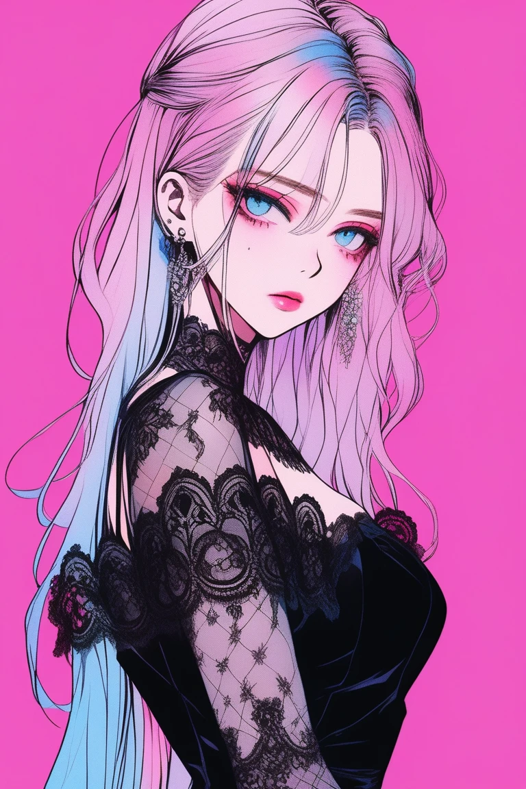 Illustrator, anime , Realistic ,sketch , 1 person, model, Age 20, lip, A sheer black gothic dress with a lot of lace, order, Blue and pink gradient background, Neon Medium Hair, Big Breasts, I can see her cleavage, look back, Upper Body, Sexy look, Texture Trim, Canadian, (masterpiece,Highest quality)