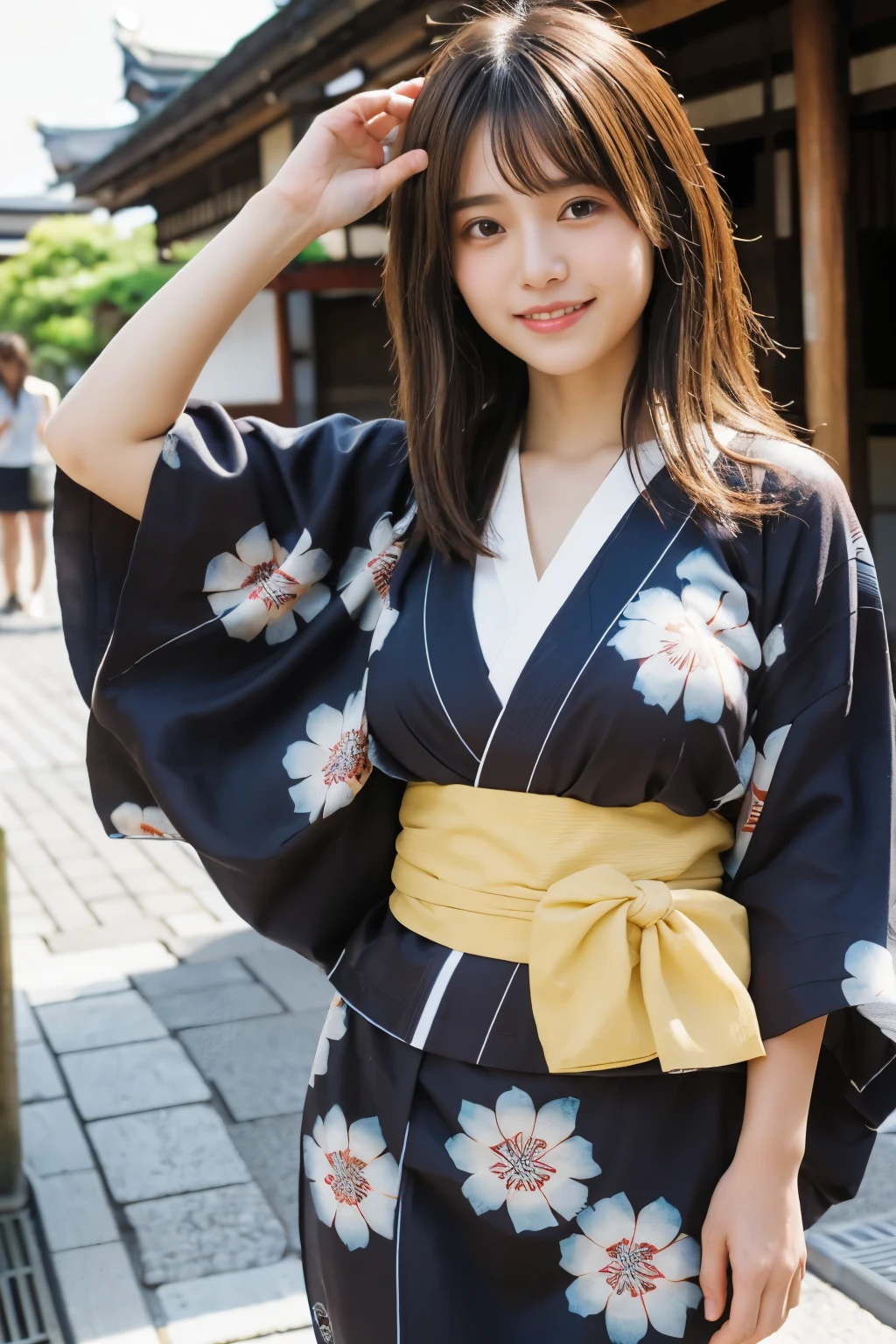 Highest quality、超A high resolution、(Photorealistic:1.5)、1 girl、(Brown Hair:1.2)、(Big Breasts:1.2)、Whole Body Ezbian、smile、Bad Eyes、(Girl in yukata with hair swaying in the wind :1.3)、Perfect dynamic composition, Beautiful attention to detail, Medium Hair, Natural color lip, smile, Kyoto Street Walk、20-year-old girl, Beautiful woman, Japanese patterned yukata