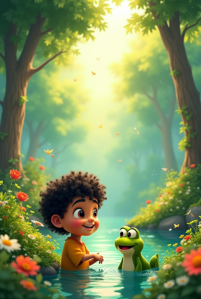 Create 5 images for this story
Hint : (cartoon images ) the boy must have lot of  black curly hair with big lips and long eyelashes.


**Title: Deepu and Chirpy the Frog**

Deepu was a  who loved playing by a pond. One day, he met a special frog with shiny green skin and named it Chirpy. They became best friends and played together every day.

But one day, Chirpy looked sad. "I miss my family in the magical forest," Chirpy said. Deepu wanted to help, so they set off on an adventure through forests and hills to find Chirpy’s family.

When they finally reached the magical forest, Chirpy was so happy to see its family again. But Chirpy told Deepu, "I belong here, and you belong with your family. But I’ll never forget you."

Before leaving, Chirpy gave Deepu a magic pebble and said, "Whenever you miss me, hold this pebble, and we’ll always be connected."

Deepu smiled, knowing that true friendship lasts forever, even when friends are apart.