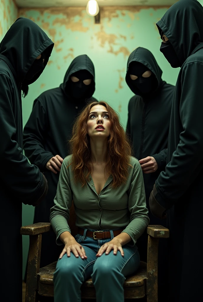 Panic surged through Elena as she struggled against her restraints. The 4 masked men surrounded her, their intentions clear in their grim expressions. Her pleas for mercy echoed off the walls, but they fell on deaf ears. The air grew thick with the scent of dread as one of the men revealed a knife, its blade gleaming ominously in the dim light.