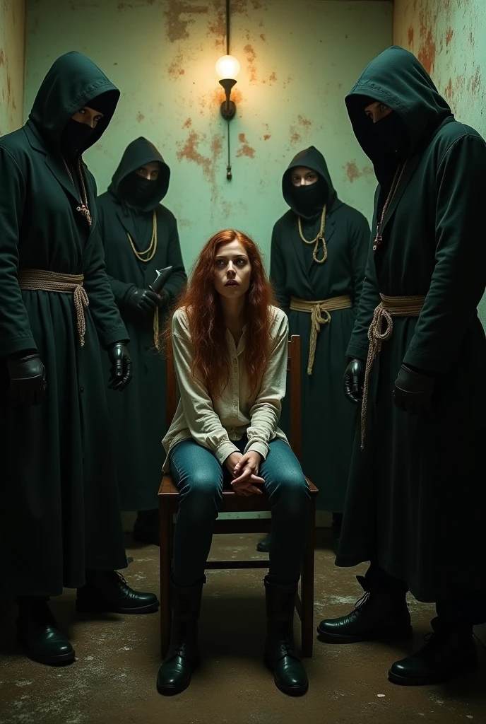 Panic surged through Elena as she struggled against her restraints. The 4 masked men surrounded her, their intentions clear in their grim expressions. Her pleas for mercy echoed off the walls, but they fell on deaf ears. The air grew thick with the scent of dread as one of the men revealed a knife, its blade gleaming ominously in the dim light.