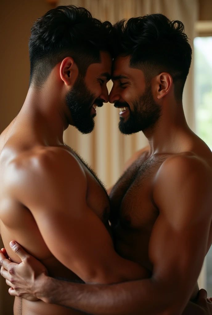 Generate indian realistic handsome small beard hairy chest nude men hug other gay from back and hold nipples