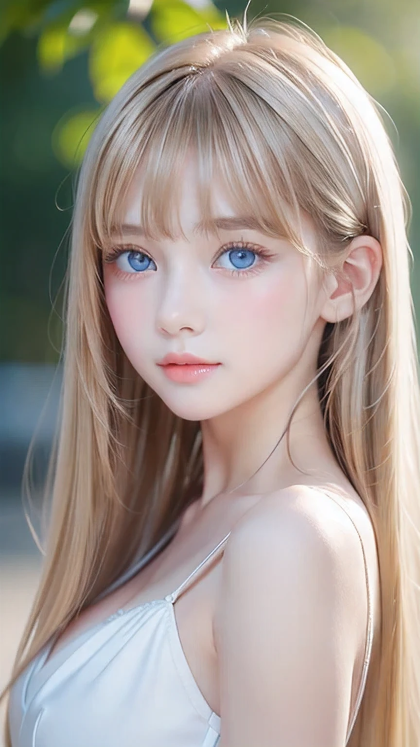 Incredibly bright, white, glossy, beautiful skin、Blonde hair color that changes with reflected light、Bangs between the eyes blocking the view、Glossy highlight on cheeks、sexy, very beautiful, lovely, cute, gorgeous face、The most beautiful face in the world、15-year-old beautiful girl、Super long blonde hair、smooth, straight hair、Big Breasts, Sparkling bright sky blue eyes、Beautiful bangs、Small Face Beauty、Round face、Very beautiful appearance