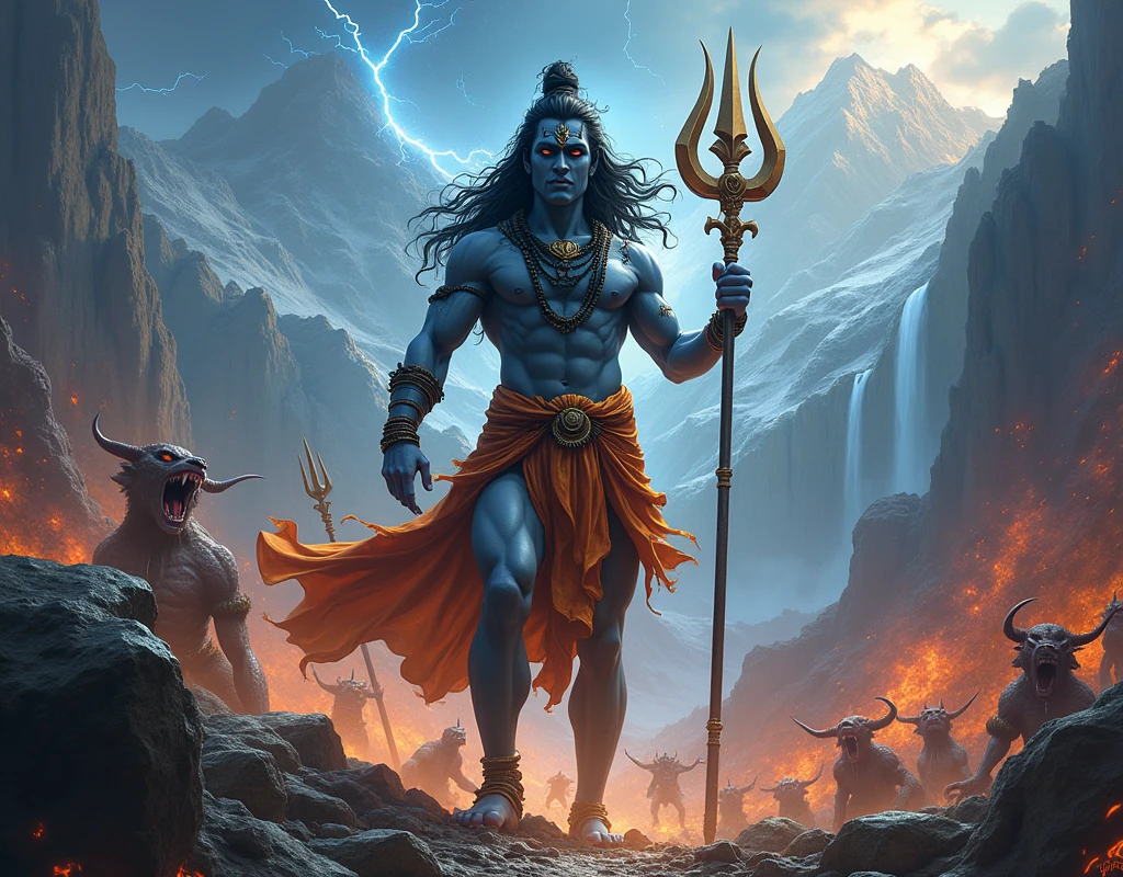 Explore the depths of Hindu mythology as Lord Shiva, the powerful deity, engages in an epic battle against the forces of evil, his muscular physique a symbol of his unwavering strength.